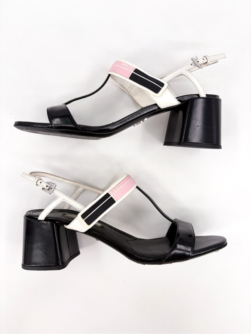 PRADA T-Strap Slingback Block Heel Sandals in White Black EU 38 US 8 - Picture 7 of 13
